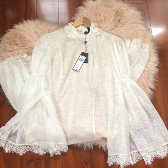 New* BCBGMAXAZRIA Lace Asymmetric Ruffle Slit Sleeve Dress Ivory Size 6 $598 - Picture 8 of 9
